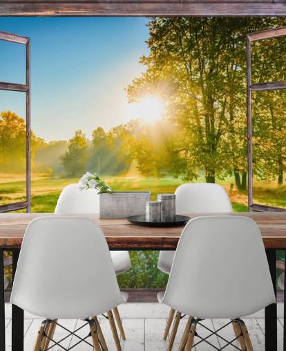 groene op maat gemaakte muurschildering met zonsopganggevel genaamd Sunrise Window View groene op maat gemaakte muurschildering met zonsopganggevel genaamd Sunrise Window View