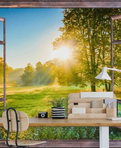 groene op maat gemaakte muurschildering met zonsopganggevel genaamd Sunrise Window View 