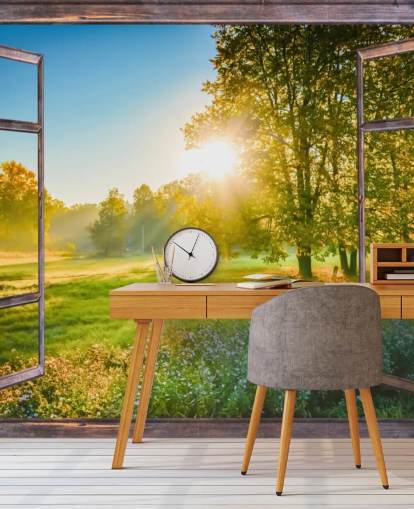 green custom sunrise facade wallpaper mural called Sunrise Window View 