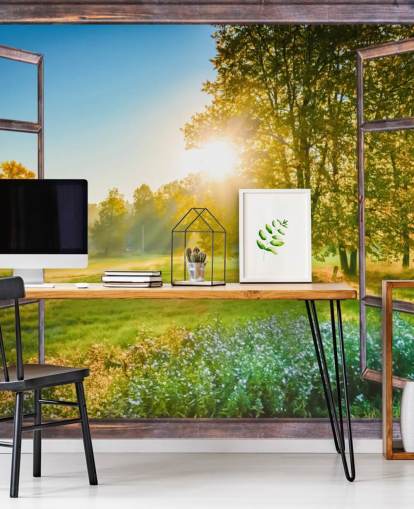 groene op maat gemaakte muurschildering met zonsopganggevel genaamd Sunrise Window View 