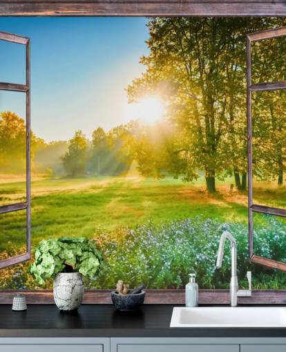 groene op maat gemaakte muurschildering met zonsopganggevel genaamd Sunrise Window View 