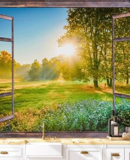 green custom sunrise facade wallpaper mural called Sunrise Window View green custom sunrise facade wallpaper mural called Sunrise Window View