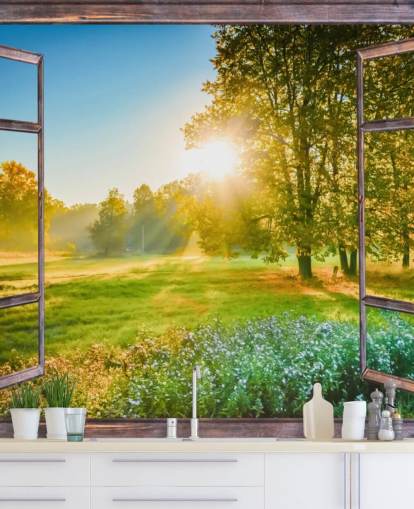 groene op maat gemaakte muurschildering met zonsopganggevel genaamd Sunrise Window View 