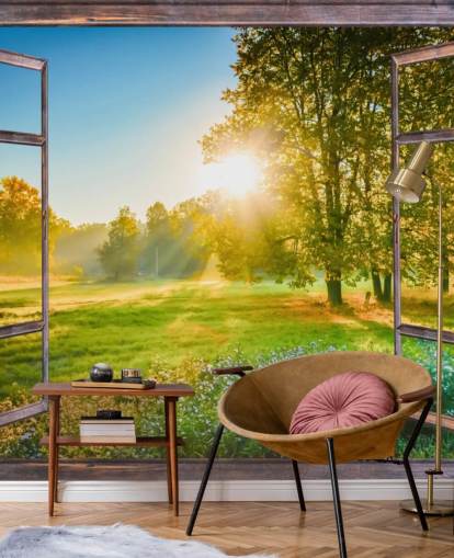 mural de papel de parede de fachada verde personalizado ao nascer do sol chamado Sunrise Window View mural de papel de parede de fachada verde personalizado ao nascer do sol chamado Sunrise Window View