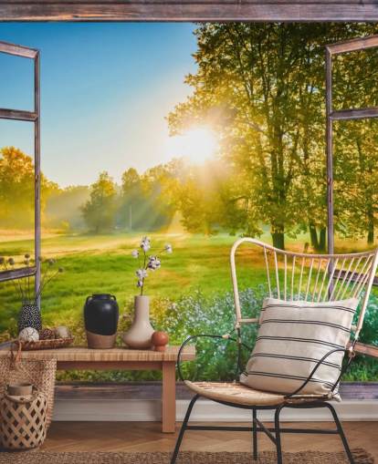 groene op maat gemaakte muurschildering met zonsopganggevel genaamd Sunrise Window View 