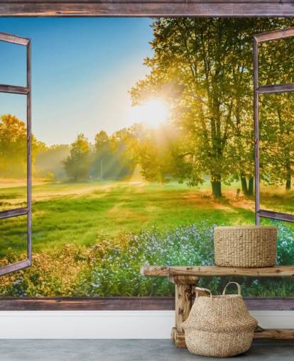 green custom sunrise facade wallpaper mural called Sunrise Window View green custom sunrise facade wallpaper mural called Sunrise Window View