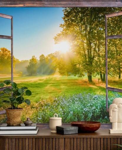 carta da parati murale con facciata verde personalizzata all'alba chiamata Sunrise Window View 