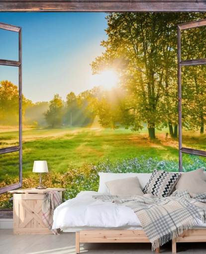green custom sunrise facade wallpaper mural called Sunrise Window View green custom sunrise facade wallpaper mural called Sunrise Window View