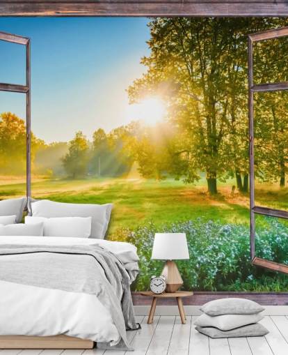 papier peint mural vert personnalisé sur la façade du lever du soleil appelé Sunrise Window View 