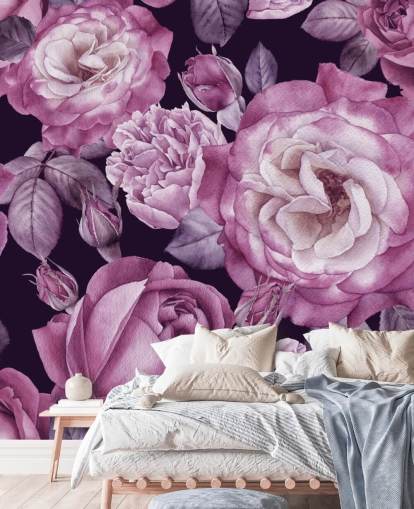 mural de papel pintado floral personalizable de color violeta llamado Ultra Violet Roses Dark Floral para dormitorios, salas de estar y comedores