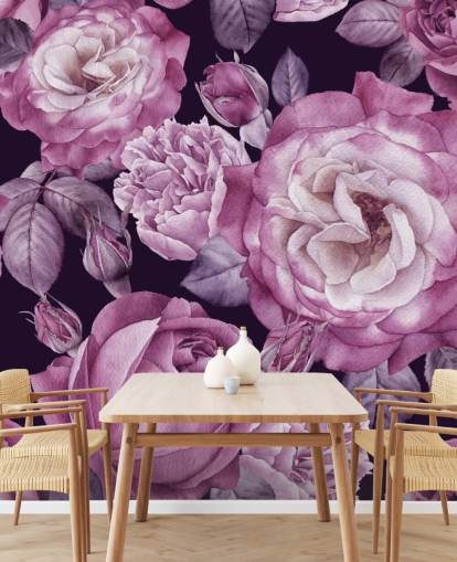 mural de papel de parede floral personalizável violeta chamado Ultra Violet Roses Dark Floral para quartos, salas de estar e salas de jantar
