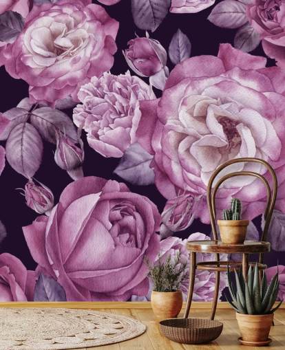 mural de papel de parede floral personalizável violeta chamado Ultra Violet Roses Dark Floral para quartos, salas de estar e salas de jantar mural de papel de parede floral personalizável violeta chamado Ultra Violet Roses Dark Floral para quartos, salas de estar e salas de jantar