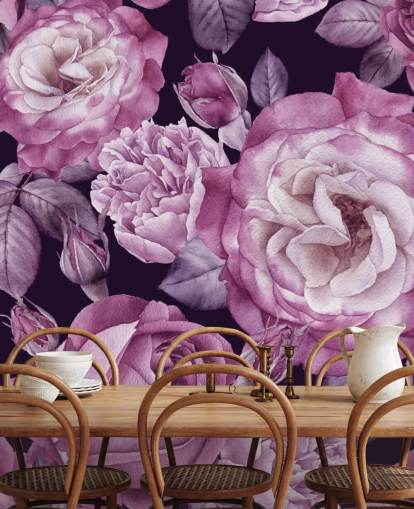 Violette personalisierbare Blumentapete namens Ultra Violet Roses Dark Floral für Schlafzimmer, Wohn- und Esszimmer