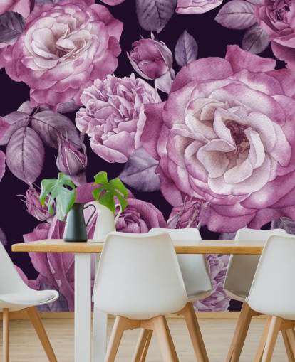 violet customizable floral wallpaper mural called Ultra Violet Roses Dark Floral for bedrooms, living rooms and dining rooms