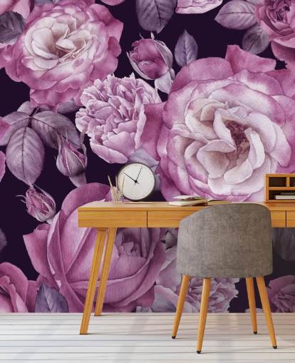 violet customisable floral wallpaper mural called Ultra Violet Roses Dark Floral for bedrooms, living rooms and dining rooms