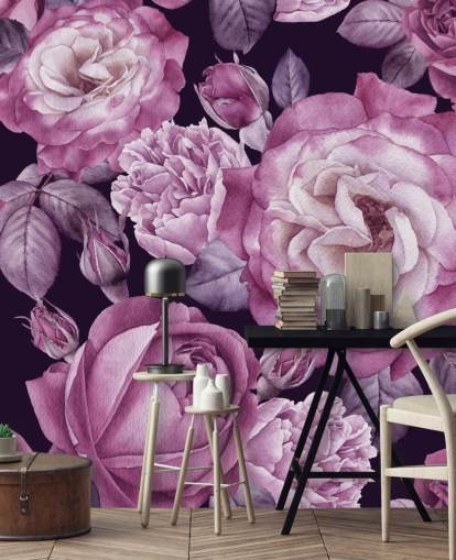 Violette personalisierbare Blumentapete namens Ultra Violet Roses Dark Floral für Schlafzimmer, Wohn- und Esszimmer