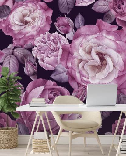 mural de papel pintado floral personalizable de color violeta llamado Ultra Violet Roses Dark Floral para dormitorios, salas de estar y comedores