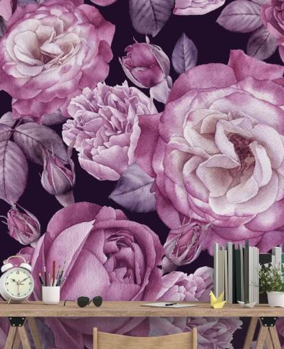 mural de papel pintado floral personalizable de color violeta llamado Ultra Violet Roses Dark Floral para dormitorios, salas de estar y comedores