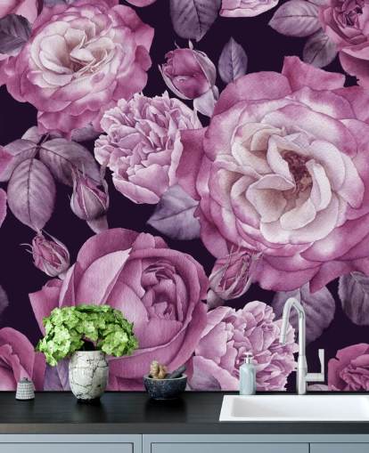 violet customizable floral wallpaper mural called Ultra Violet Roses Dark Floral for bedrooms, living rooms and dining rooms