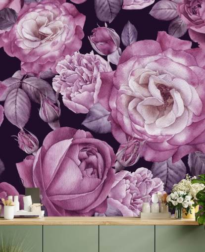 mural de papel de parede floral personalizável violeta chamado Ultra Violet Roses Dark Floral para quartos, salas de estar e salas de jantar
