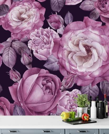 violet customisable floral wallpaper mural called Ultra Violet Roses Dark Floral for bedrooms, living rooms and dining rooms