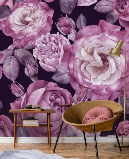 violet customisable floral wallpaper mural called Ultra Violet Roses Dark Floral for bedrooms, living rooms and dining rooms