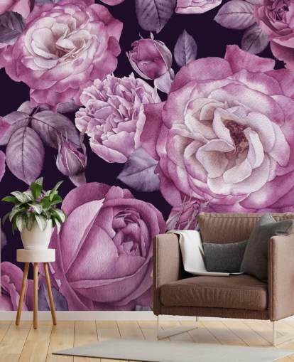 violetti muokattava kukka-taustakuvamaalaus nimeltä Ultra Violet Roses Dark Floral makuuhuoneisiin, olohuoneisiin ja ruokasaleihin