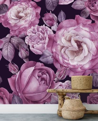 violett anpassningsbar blommig tapetväggmålning kallad Ultra Violet Roses Dark Floral för sovrum, vardagsrum och matsalar violett anpassningsbar blommig tapetväggmålning kallad Ultra Violet Roses Dark Floral för sovrum, vardagsrum och matsalar
