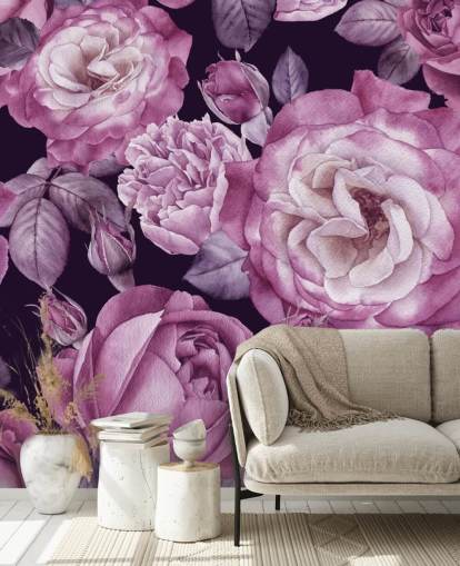 fiolett tilpassbart blomstertapet veggmaleri kalt Ultra Violet Roses Dark Floral for soverom, stuer og spiserom fiolett tilpassbart blomstertapet veggmaleri kalt Ultra Violet Roses Dark Floral for soverom, stuer og spiserom