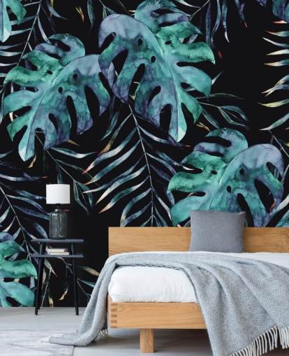 Svart med tropiska blad Palm Bakgrund