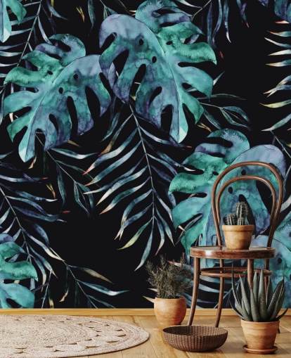 Carta da parati nera con foglie tropicali Carta da parati nera con foglie tropicali
