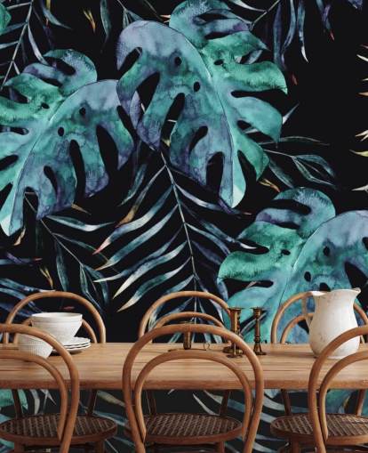 Carta da parati nera con foglie tropicali