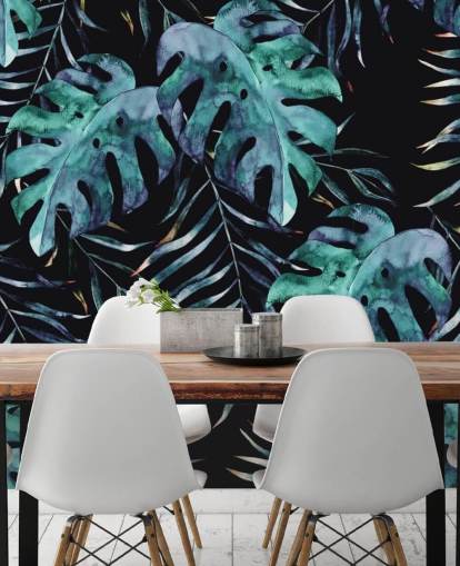 Zwart met tropisch blad palmbehang