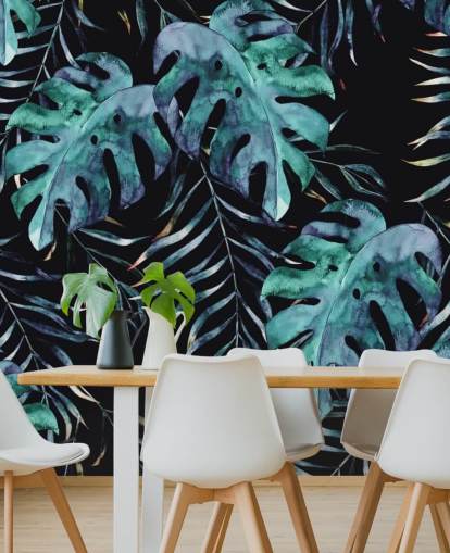 Papel de Parede Preto com Folhas Tropicais