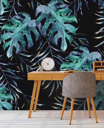 Black with Tropical Leaves Palm Wallpaper