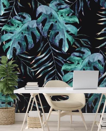 Black with Tropical Leaves Palm Wallpaper