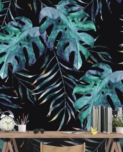 Papel de Parede Preto com Folhas Tropicais