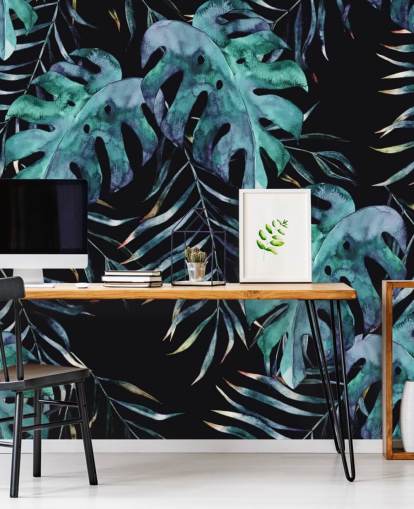 Black with Tropical Leaves Palm Wallpaper
