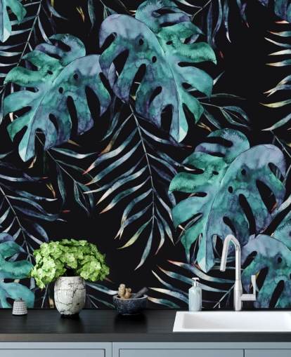 Carta da parati nera con foglie tropicali Carta da parati nera con foglie tropicali