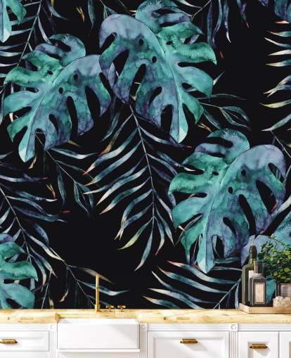 Carta da parati nera con foglie tropicali