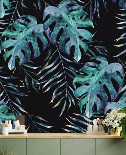 Carta da parati nera con foglie tropicali Carta da parati nera con foglie tropicali