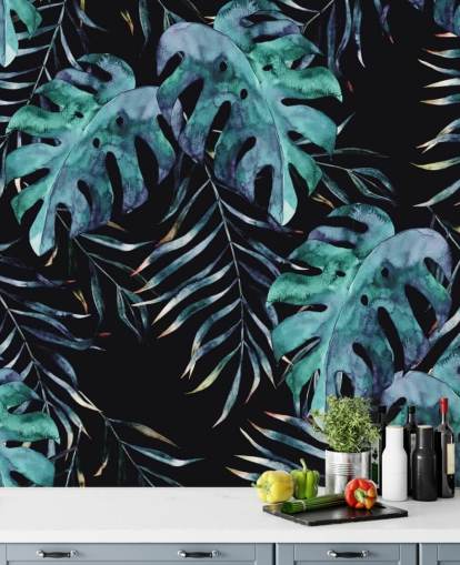 Papier Peint Palmier Noir avec Feuilles Trop