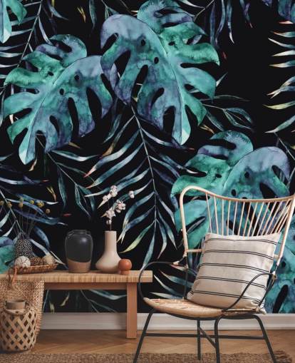 Svart med tropiska blad Palm Bakgrund