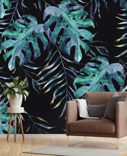 Papel de Parede Preto com Folhas Tropicais