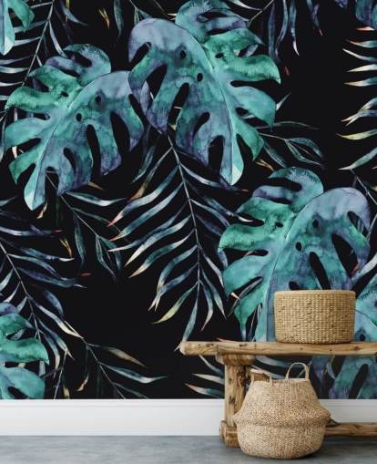 Carta da parati nera con foglie tropicali Carta da parati nera con foglie tropicali