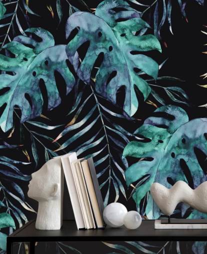 Svart med tropiska blad Palm Bakgrund