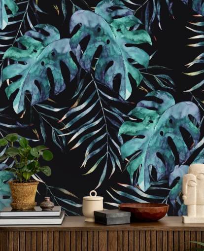 Black with Tropical Leaves Palm Wallpaper