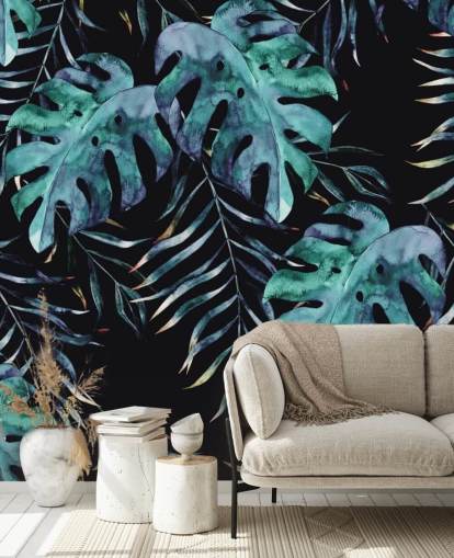 Papier Peint Palmier Noir avec Feuilles Trop