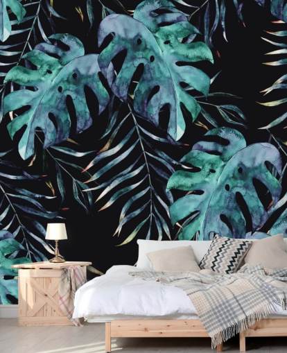 Svart med tropiska blad Palm Bakgrund