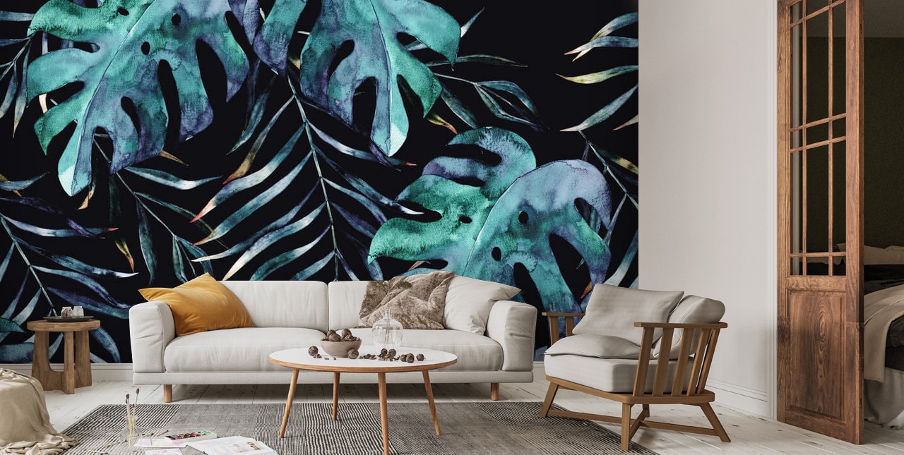 Black with Tropical Leaves Palm Wallpaper | Wallsauce UK